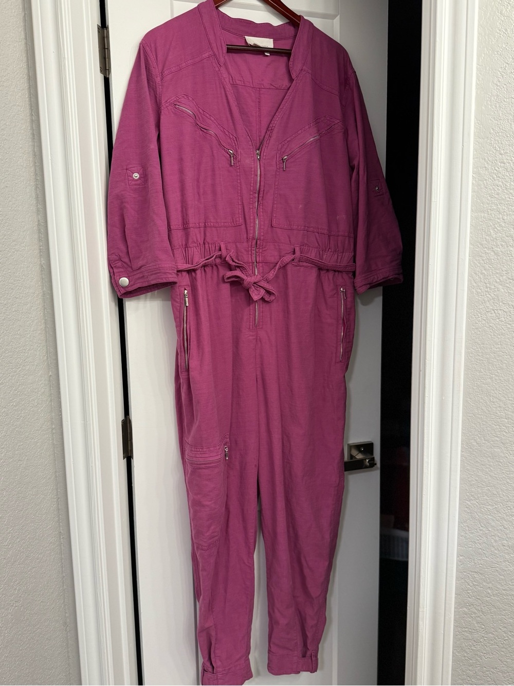 Anthropologie Fuchsia Utility Jumpsuit with Drawstring Waist